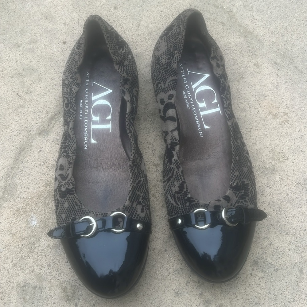 AGL Attilio Leombruni Black/Taupe Floral Toe Cap Flat Women's Size 37.5 / 7.5 - Picture 2 of 9